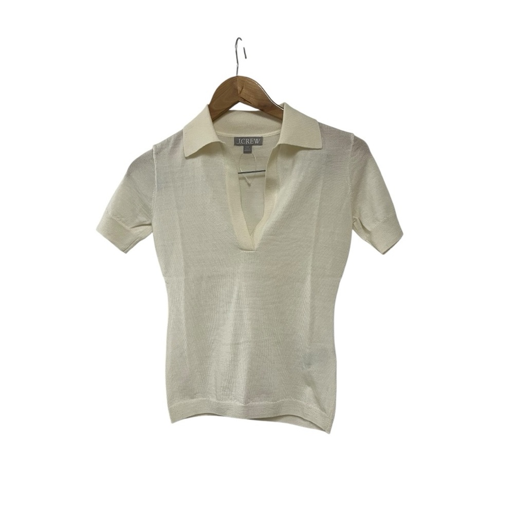 NWOT J Crew Womens Merino Wool Short Sleeve Johnny Collar Sweater Ivory XXS